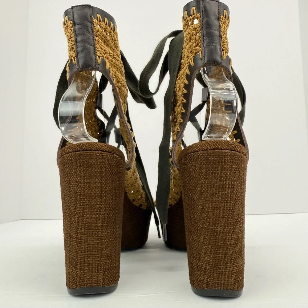Unleashed size 6.5 Women’s Brown Tan Crochet Boho Hippie Lace Up Platform Heels